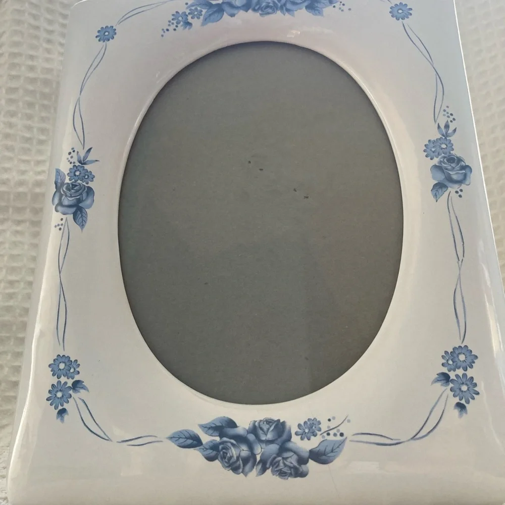 Ceramic White Frame With Blue Flower Print Design EUC